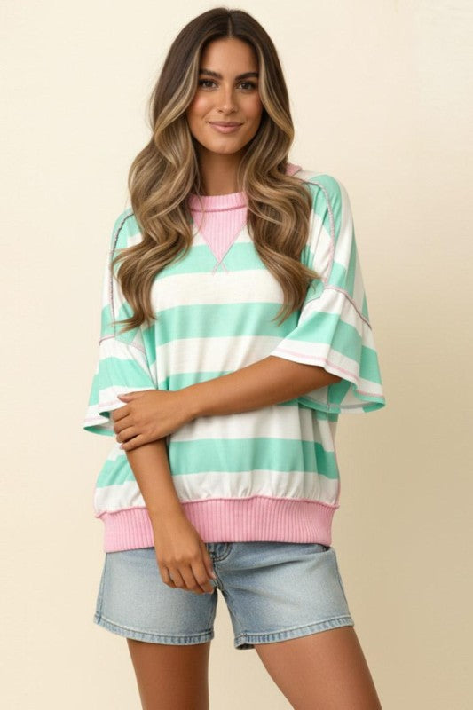 Haptics Flutter Elbow Sleeve Stripe French Terry Top – Mint/Blush