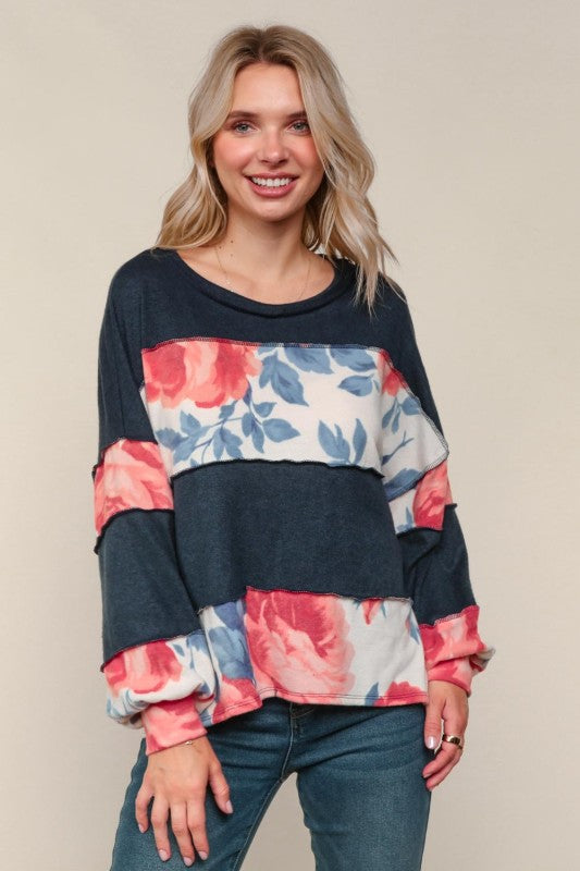 Haptics Floral Colorblock & Out-seam Overlock Stitching Long Sleeve Top