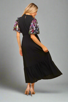 Haptics Black Floral Sequin Puff Sleeve Mock Neck Tiered Maxi Dress Haptics