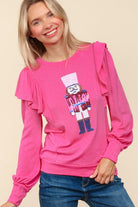 Haptics Holiday Hot Pink Sequin Nutcracker Ruffle Hacci Sweater Haptics