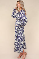 Haptics Navy Satin Floral Tiered Babydoll Maxi Dress