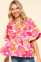 Haptics Pink/Yellow Floral Frill Balloon Short Puff Sleeve Blouse Shirts & Tops