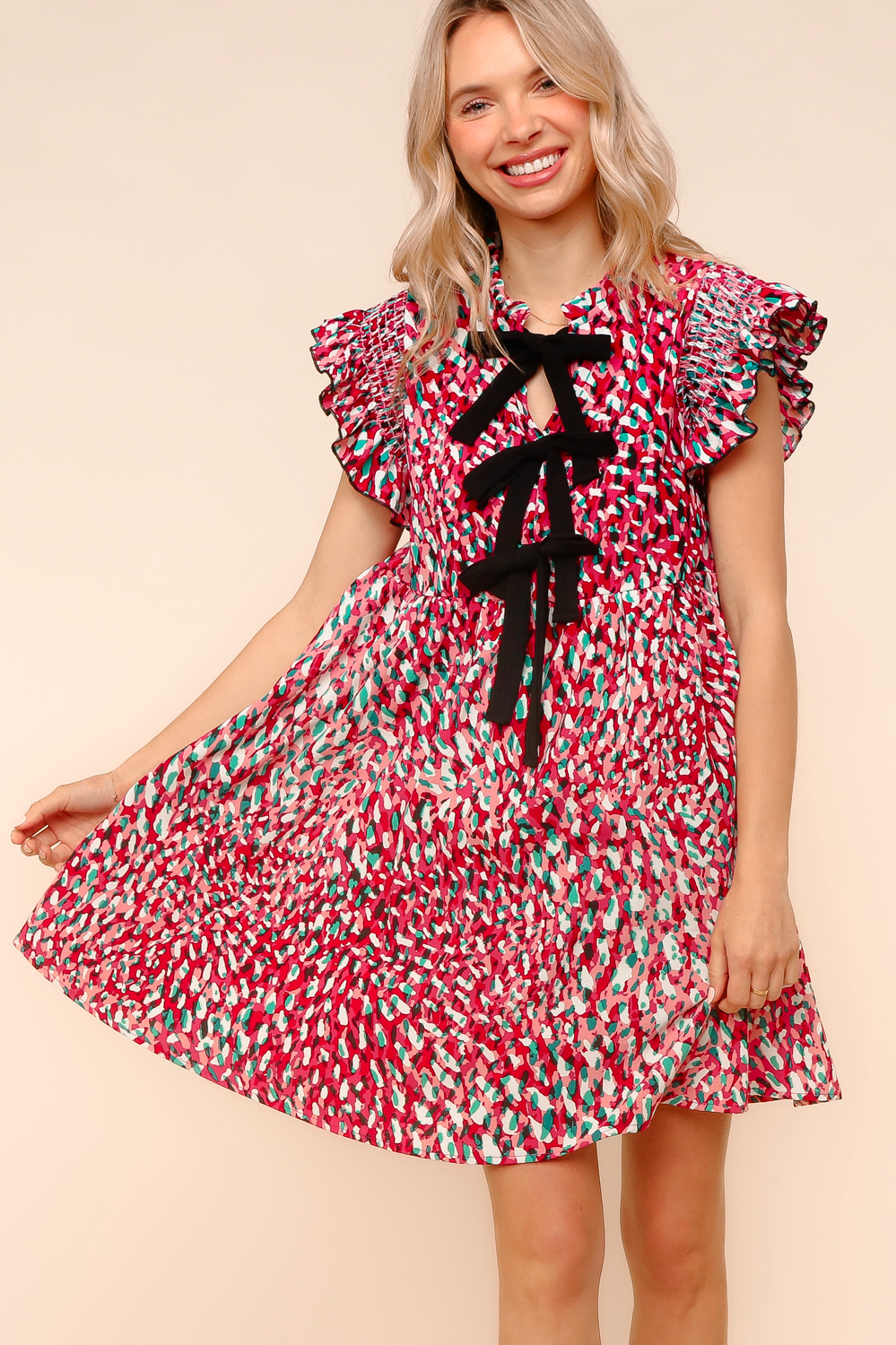 Haptics Pattern Pending Bow Detail Dress in Fuchsia and Black Womens