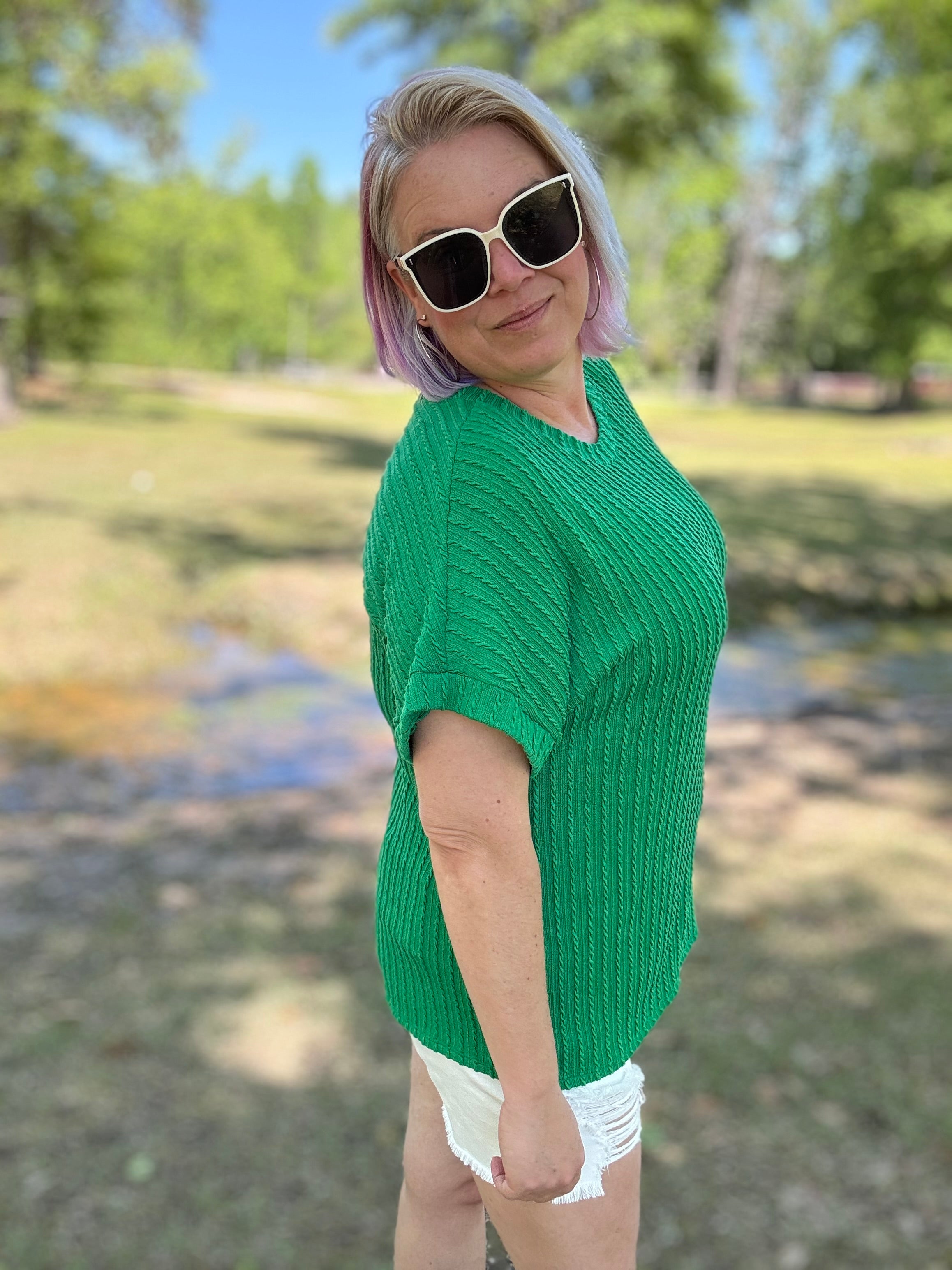 Haptics Be Your Best Green Cable Knit Dolman Short Sleeve Sweater Top Haptics