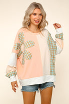 Haptics Haptics Round Neck Bubble Long Sleeve Plaid Flower Patch Color Block Pullover in Peach / Oatmeal