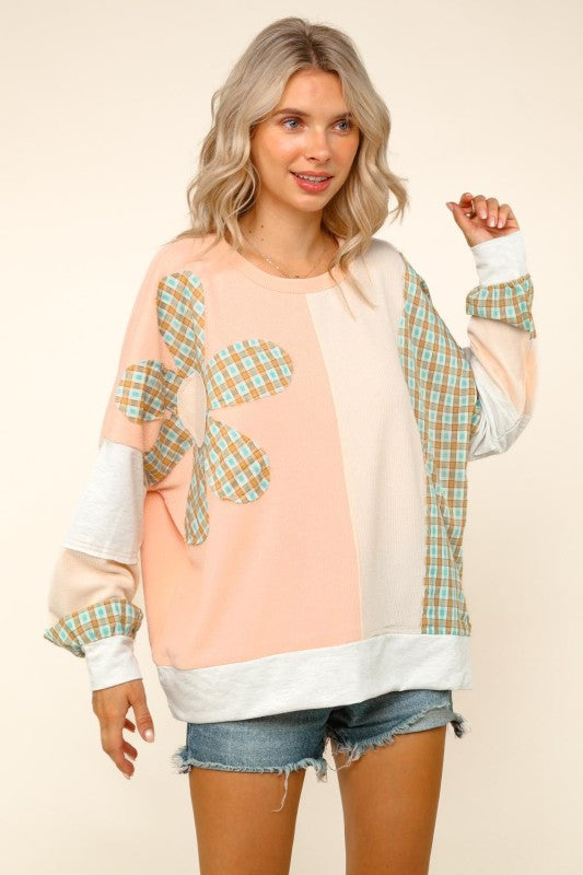 Haptics Haptics Round Neck Bubble Long Sleeve Plaid Flower Patch Color Block Pullover in Peach / Oatmeal