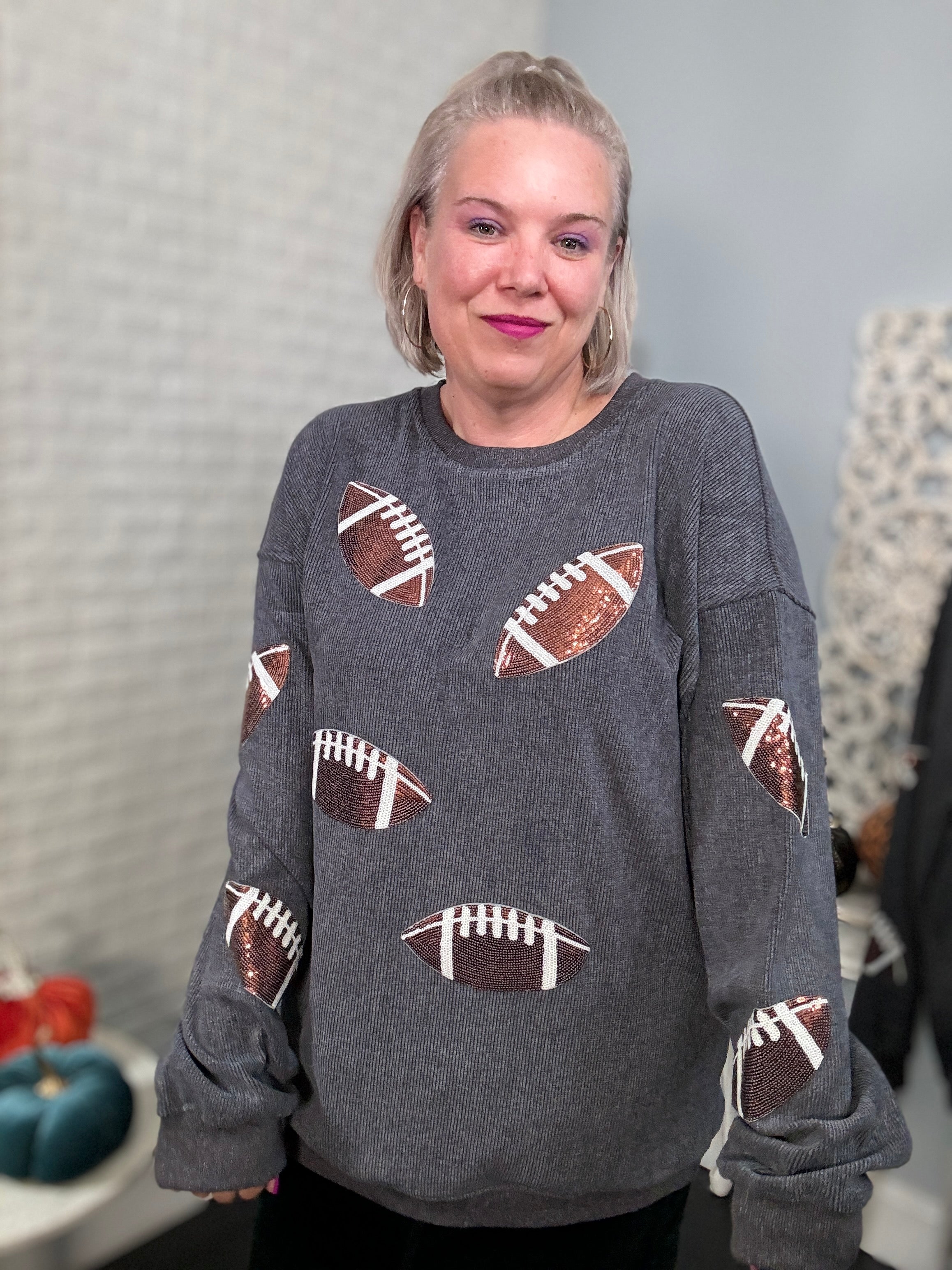 Preorder Ruby Idol Sequin Football Patch Corduroy Sweatshirt Trendsi