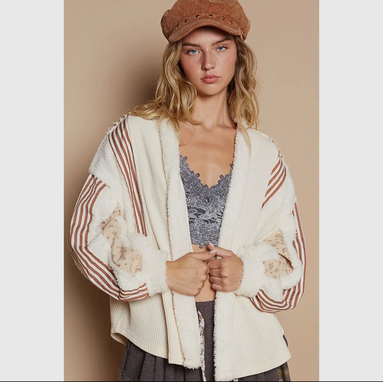 POL Open Front Waffle Knit Fleece Mix Cardigan in Cream Trendsi