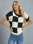 Double Take 4 Colors Checkered Textured Round Neck Short Sleeve Sweater Shirts & Tops