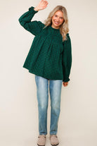 Haptics Green Frilled Mock Neck Gingham Check Woven Blouse