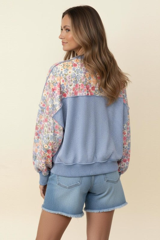 Haptics Triangle Oversized Long Sleeve Floral French Terry Top – Denim/Ivory