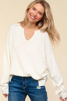 Haptics Ivory Notched Neck With Patch Oversized Sweater Shirts & Tops