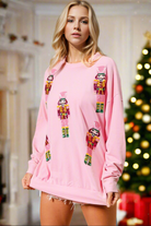 Preorder Double Take Sequin Nutcracker Round Neck Long Sleeve Christmas Sweatshirt Pink Trendsi