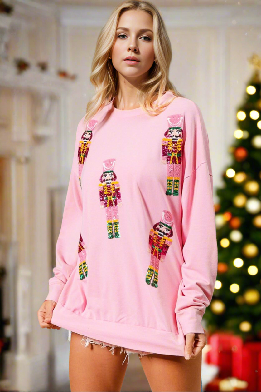 Preorder Double Take Sequin Nutcracker Round Neck Long Sleeve Christmas Sweatshirt Pink Trendsi