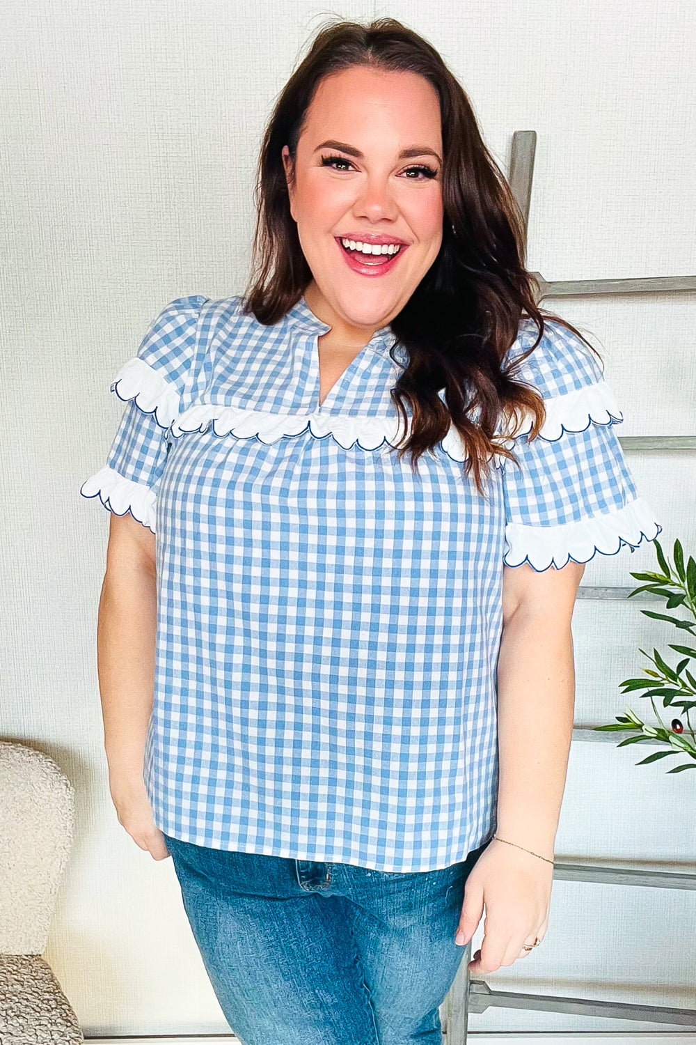 Haptics Cotton Blue Gingham Shirred Mock Neck Top Shirts & Tops