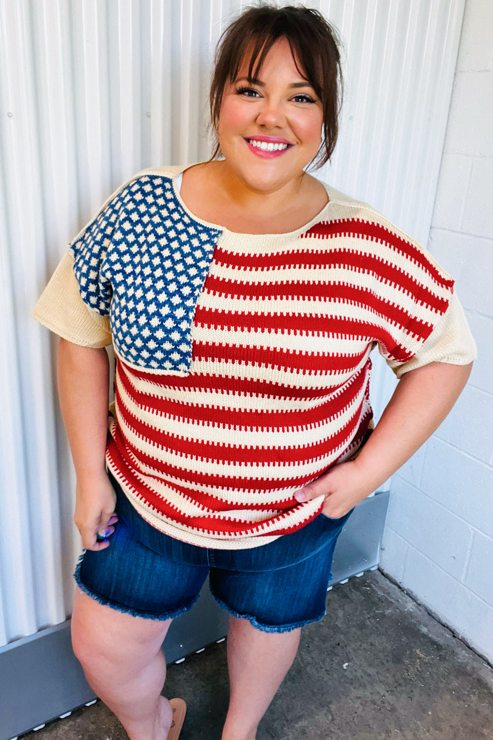 Haptics American Flag Jacquard Knit Sweater Top Final Sale