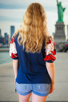 Haptics Holiday Stand-Out Navy Patriotic Patchwork Puff Sleeve Top Haptics