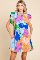 Jodifl Royal Mix Ruffled Floral Cap Sleeve Dress Ruby Idol Apparel