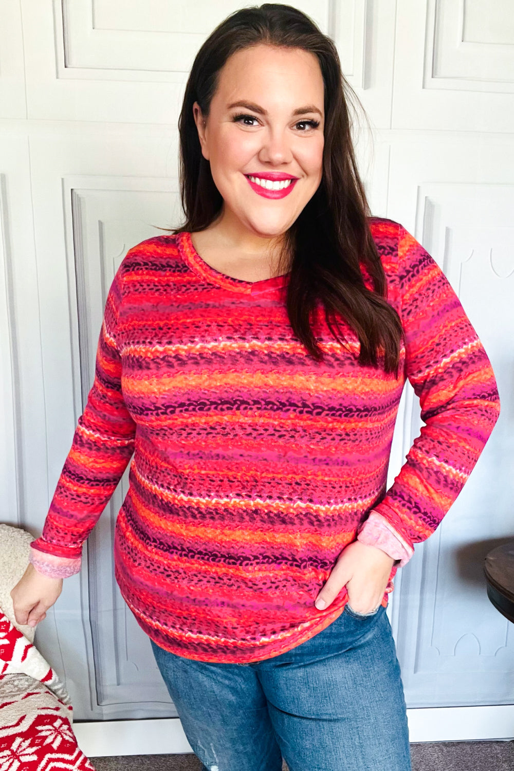 Haptics Flame & Magenta Striped Cable Knit Print Hacci Top Haptics