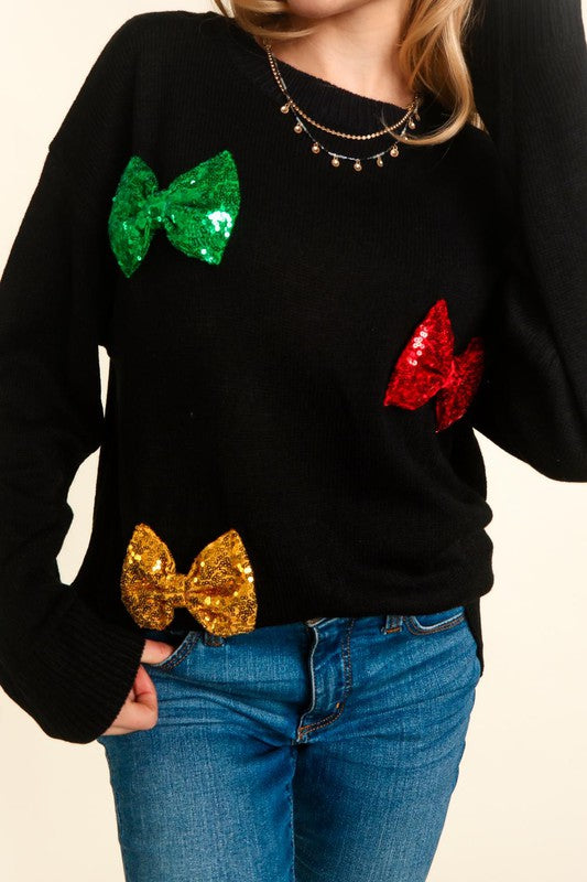 Haptics Black Multicolor Sequin Bow Knit Sweater Haptics