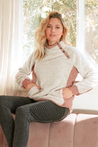 Hem & Thread Ivory & Light Taupe Sherpa Quilted Asymmetrical Snap Button Pullover Sweater