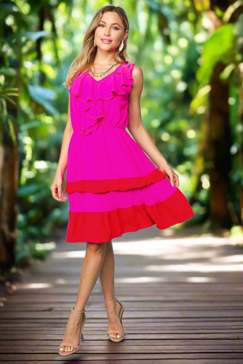 Haptics Fuchsia Ruffle V Neck Crepe Tiered Midi Dress