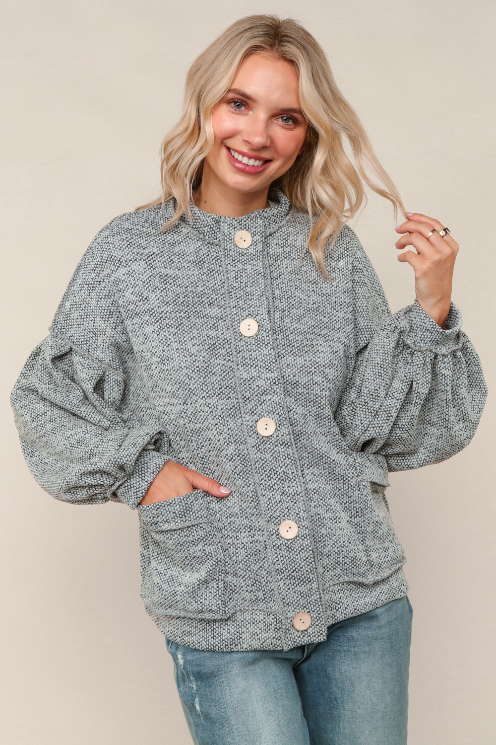 Haptics Heather Gray Two-Tone Jacquard Hacci Knit Button Down