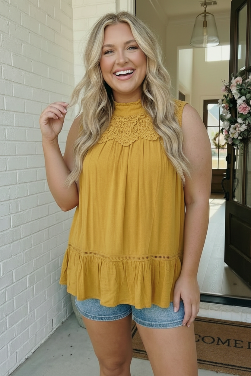 And The Why Golden Hour Lace Yoke Babydoll Top
