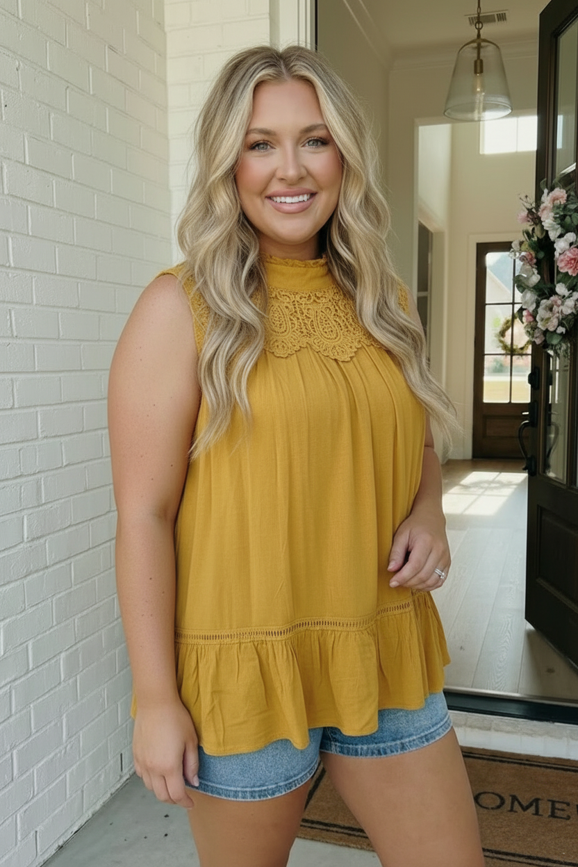 And The Why Golden Hour Lace Yoke Babydoll Top