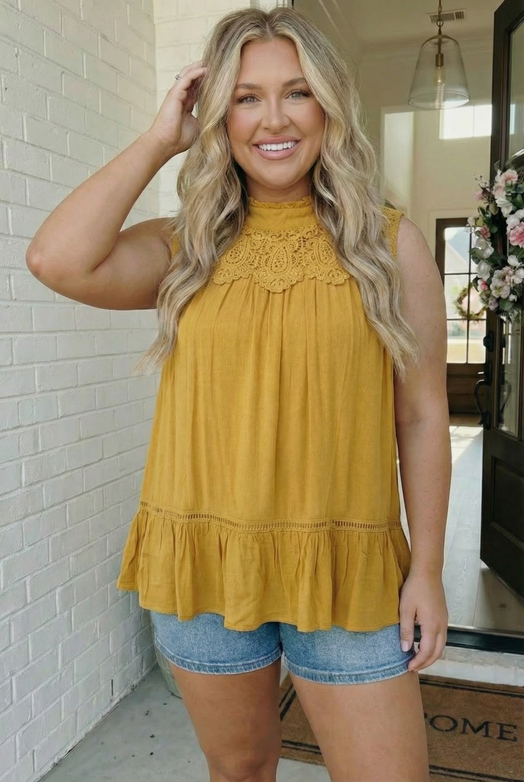 And The Why Golden Hour Lace Yoke Babydoll Top