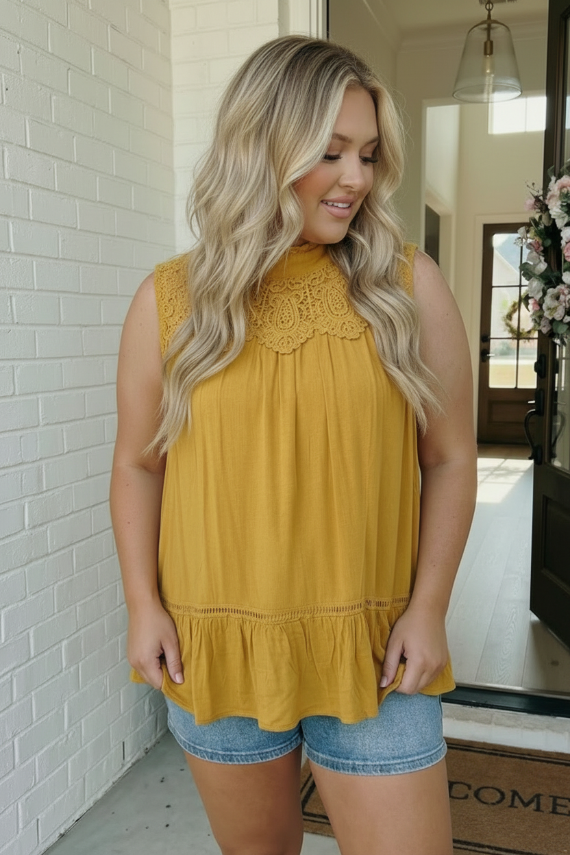 And The Why Golden Hour Lace Yoke Babydoll Top
