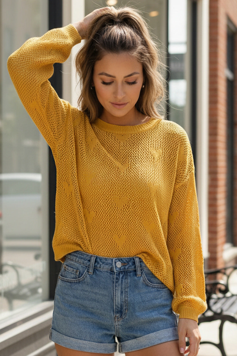And The Why Mustard Heart Knit Lightweight Sweater