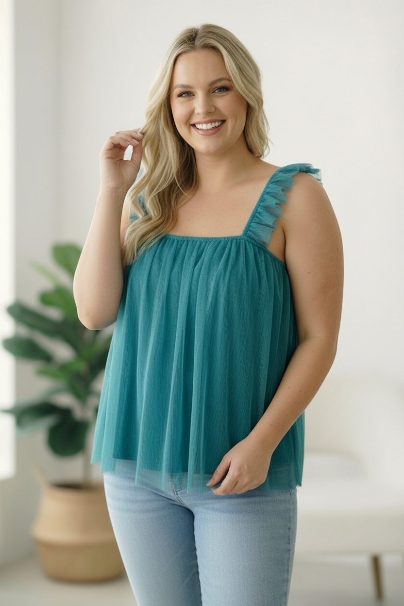 And The Why Dreamy Teal Tulle Tank Top