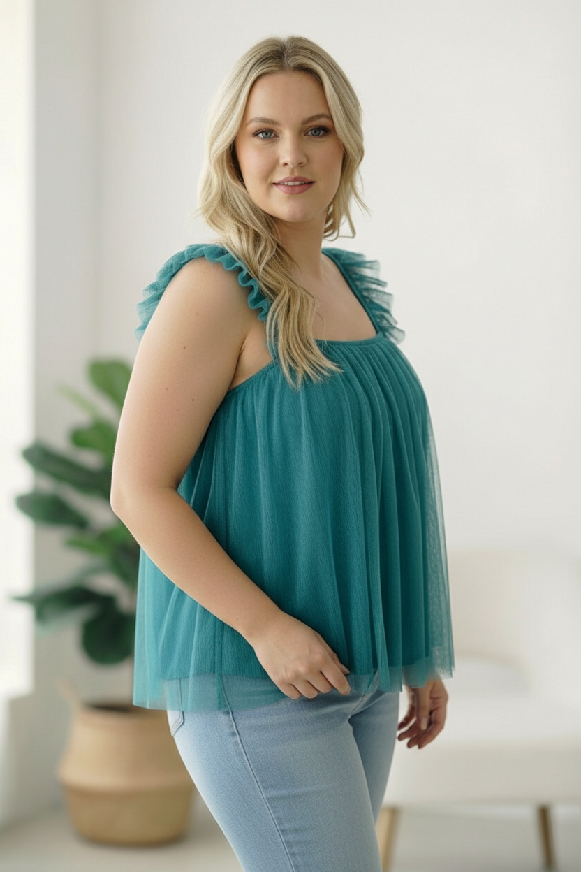 And The Why Dreamy Teal Tulle Tank Top