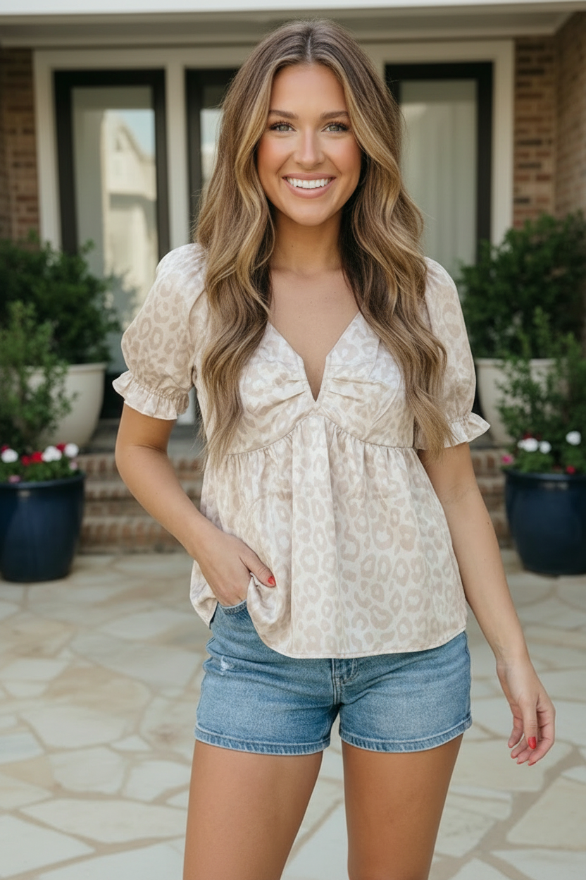 And The Why Satin Animal Print Puff Sleeve Babydoll Top