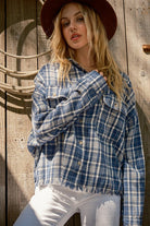 And The Why Blue Plaid Cotton-Blend Fray Hem Shacket