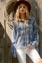 And The Why Blue Plaid Cotton-Blend Fray Hem Shacket