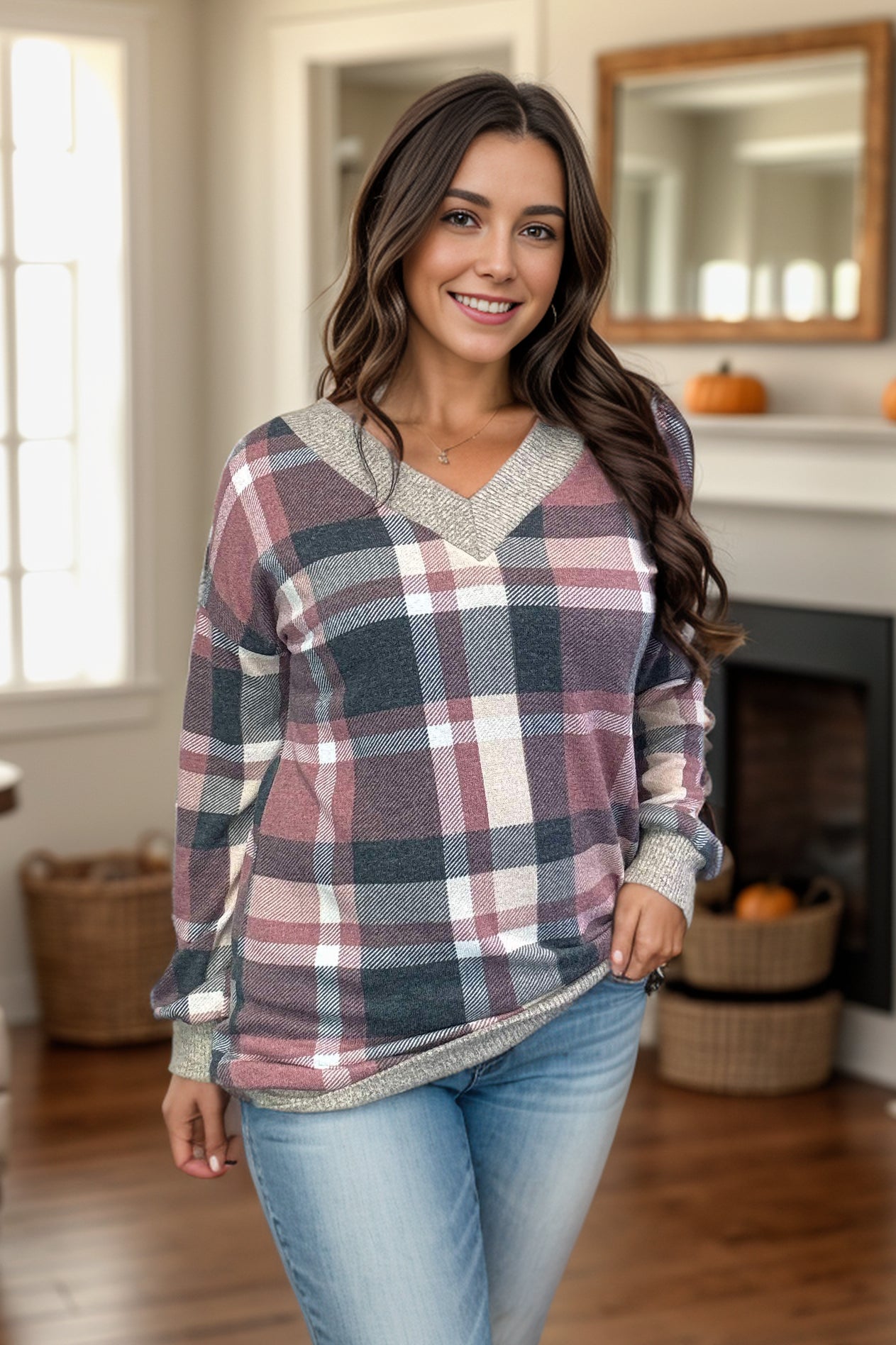 Heimish Absolute Dream Mauve Plaid Pullover BoutiqueSimplified