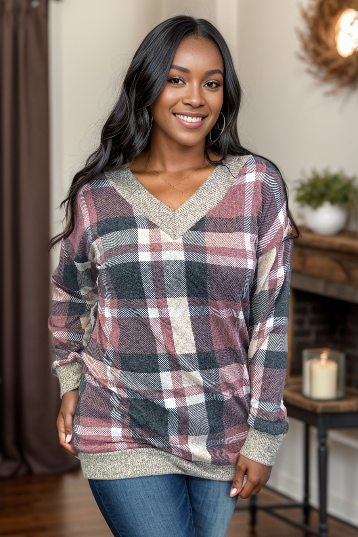 Heimish Absolute Dream Mauve Plaid Pullover BoutiqueSimplified