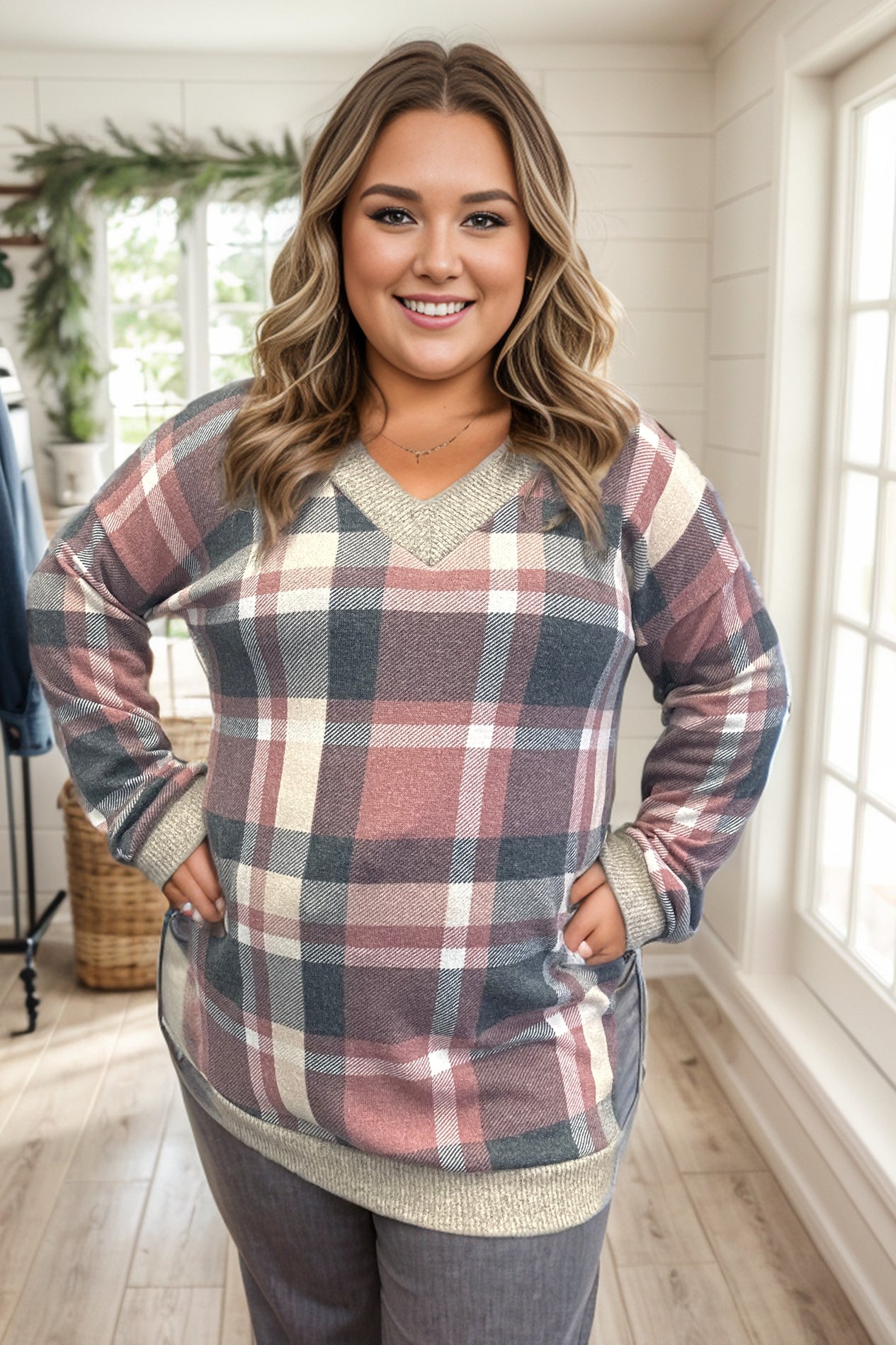 Heimish Absolute Dream Mauve Plaid Pullover BoutiqueSimplified