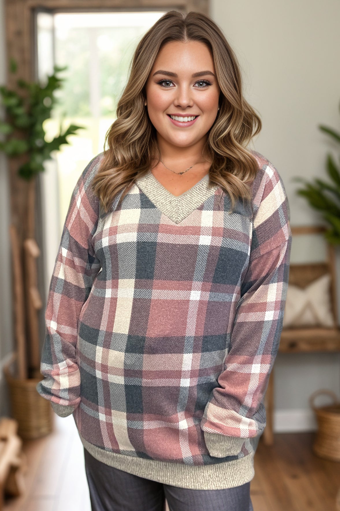 Heimish Absolute Dream Mauve Plaid Pullover BoutiqueSimplified