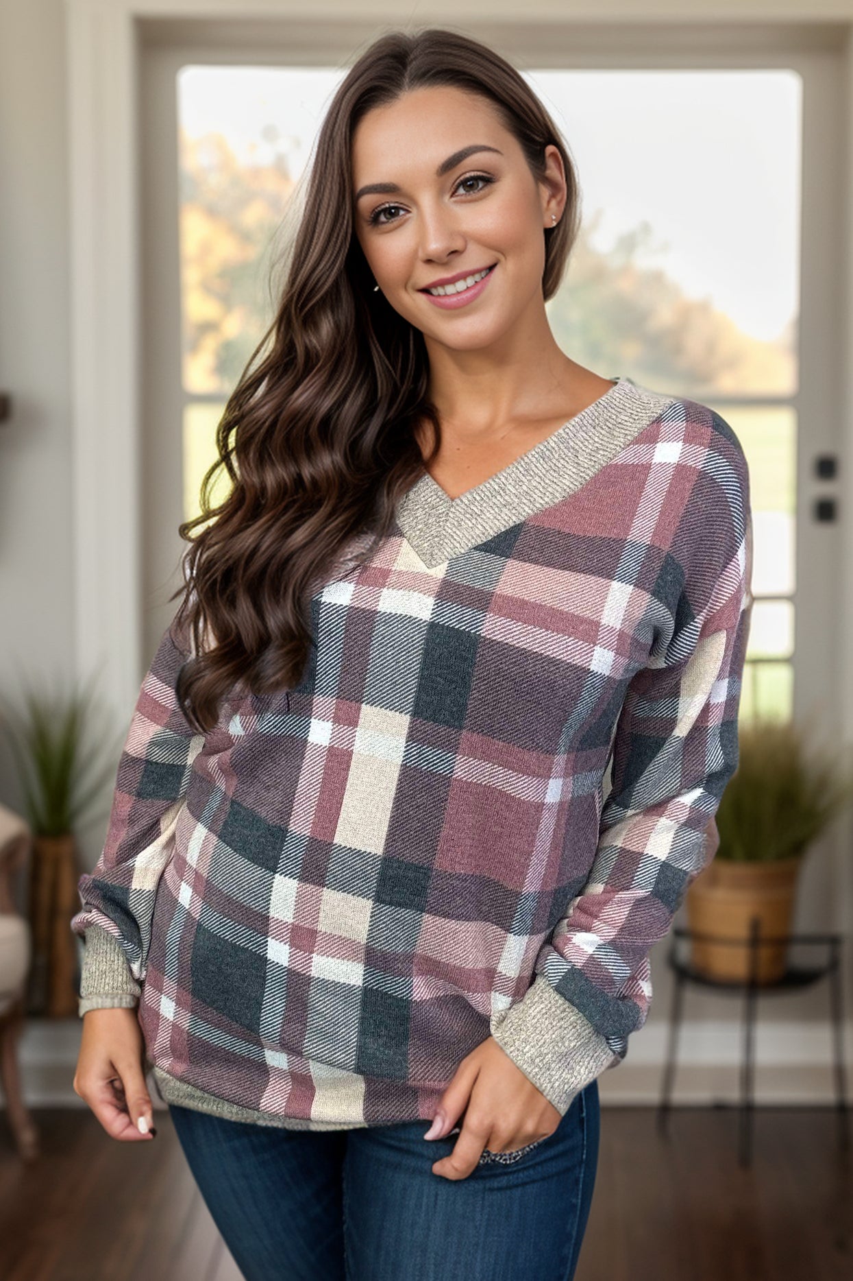 Heimish Absolute Dream Mauve Plaid Pullover BoutiqueSimplified