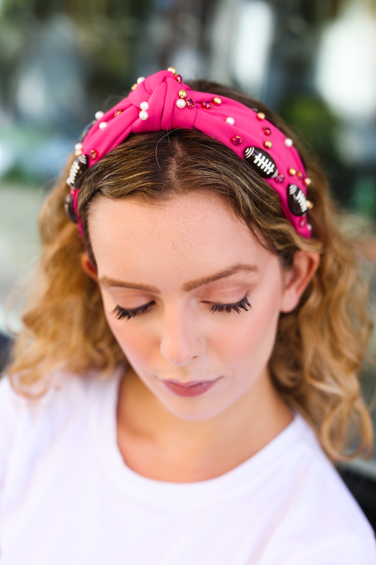 Fuchsia Stone & Gem Football Embellished Top Knot Headband Jane Ruth