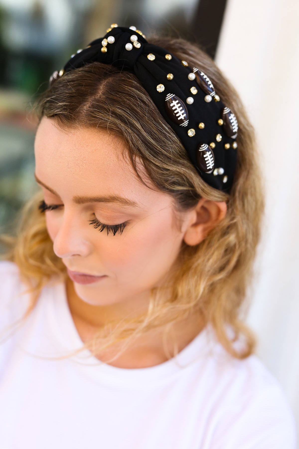 Black Stone & Gem Football Embellished Top Knot Headband Jane Ruth