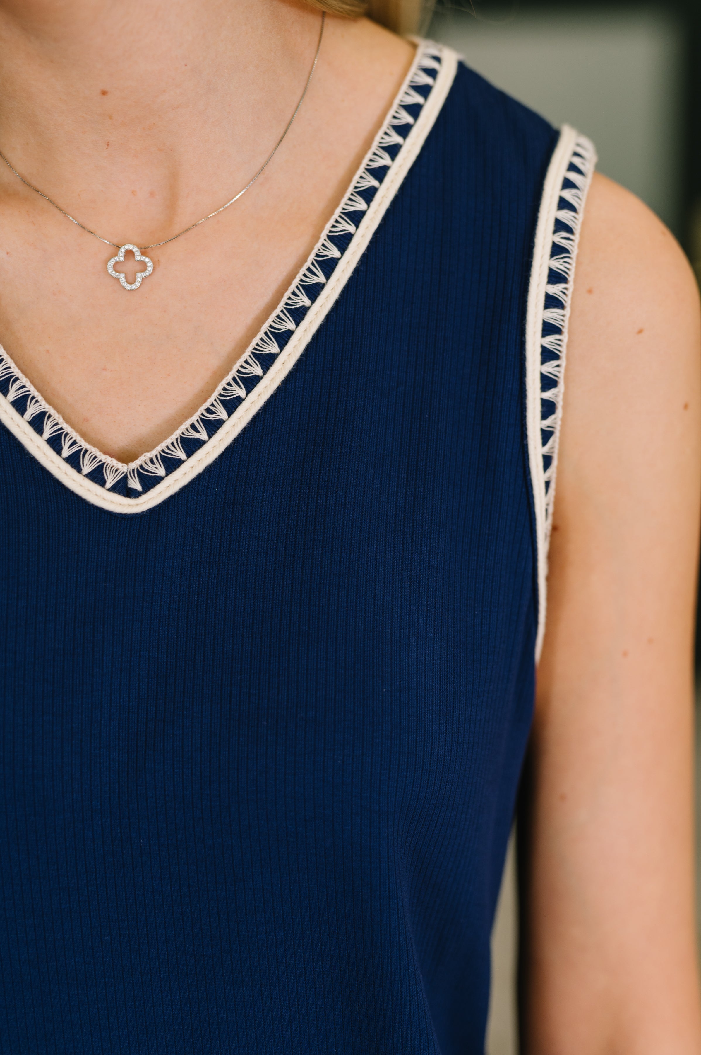Dear Scarlett Airloom Trim Detail Mini Tank Dress in Navy Womens