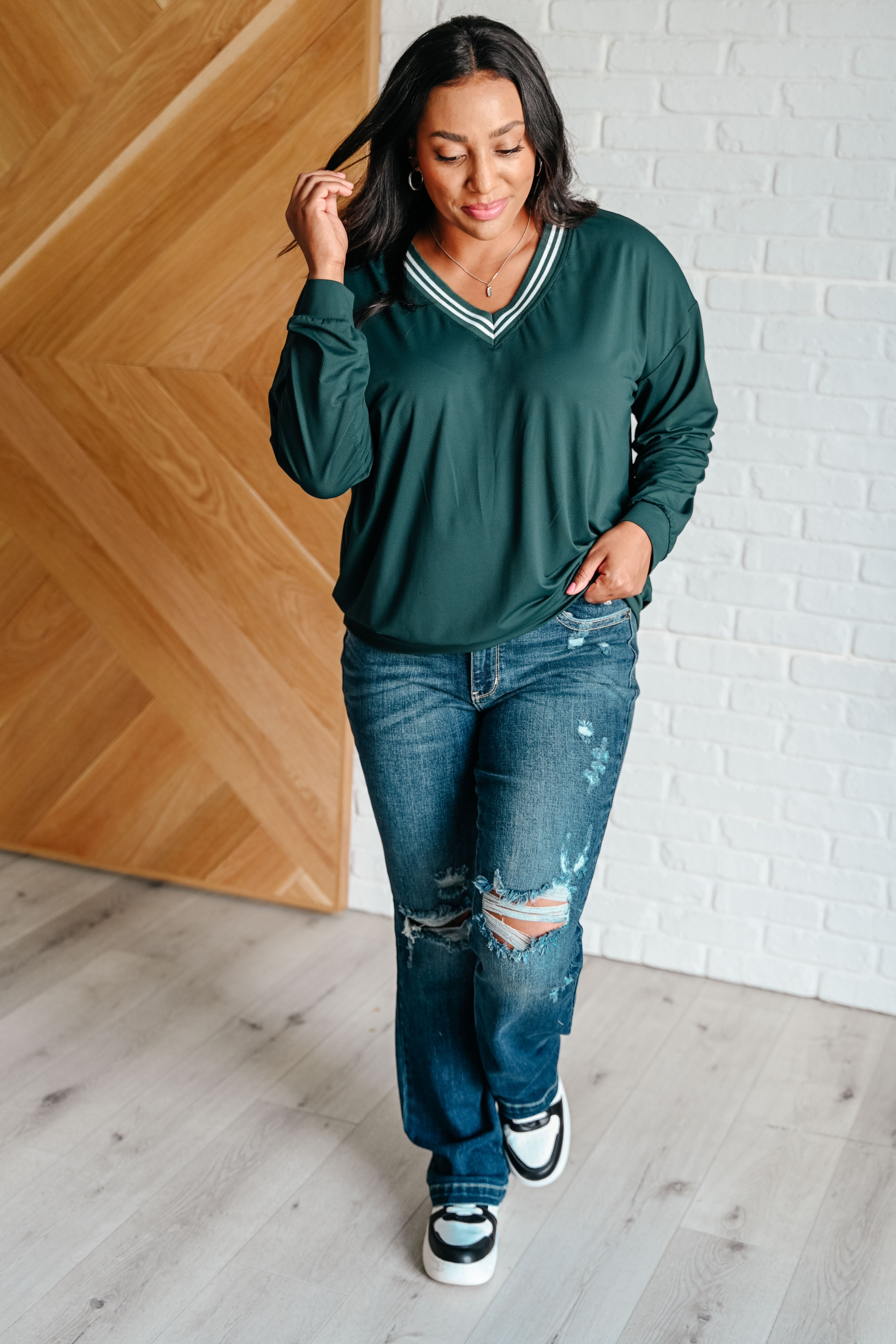 Rae Mode All Out Comfort V-Neck Pullover in Midnight Green Shirts & Tops