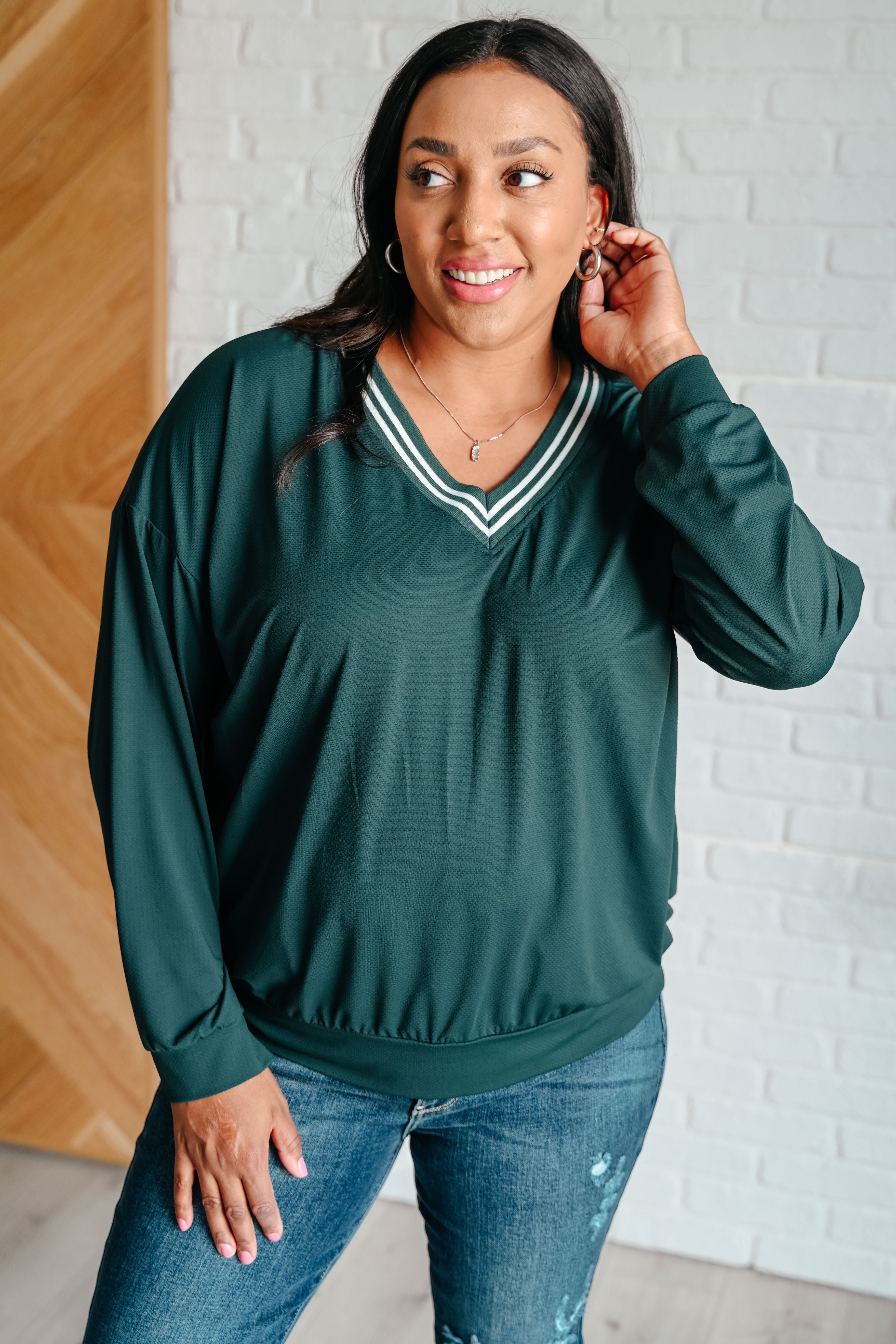 Rae Mode All Out Comfort V-Neck Pullover in Midnight Green Shirts & Tops