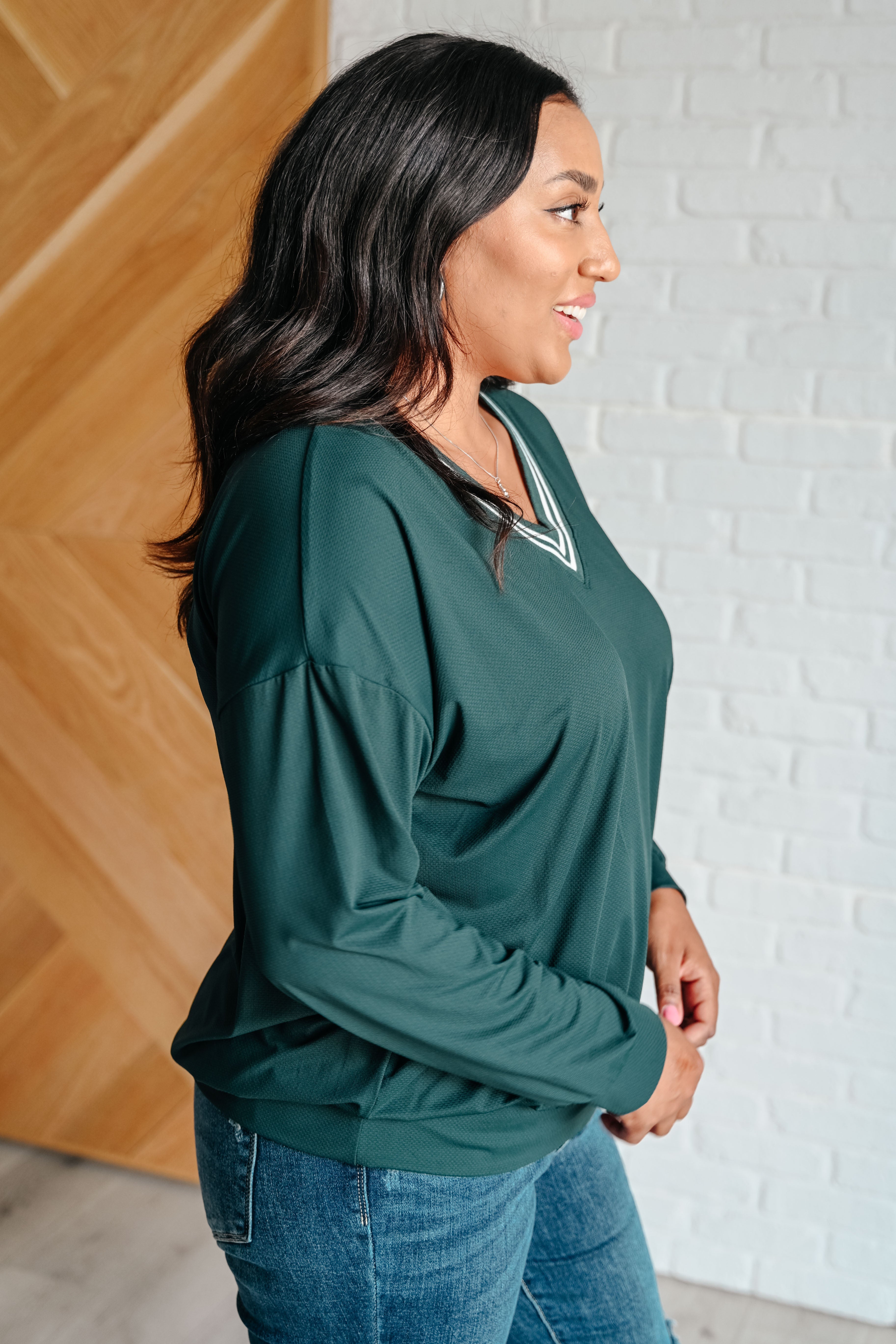 Rae Mode All Out Comfort V-Neck Pullover in Midnight Green Shirts & Tops