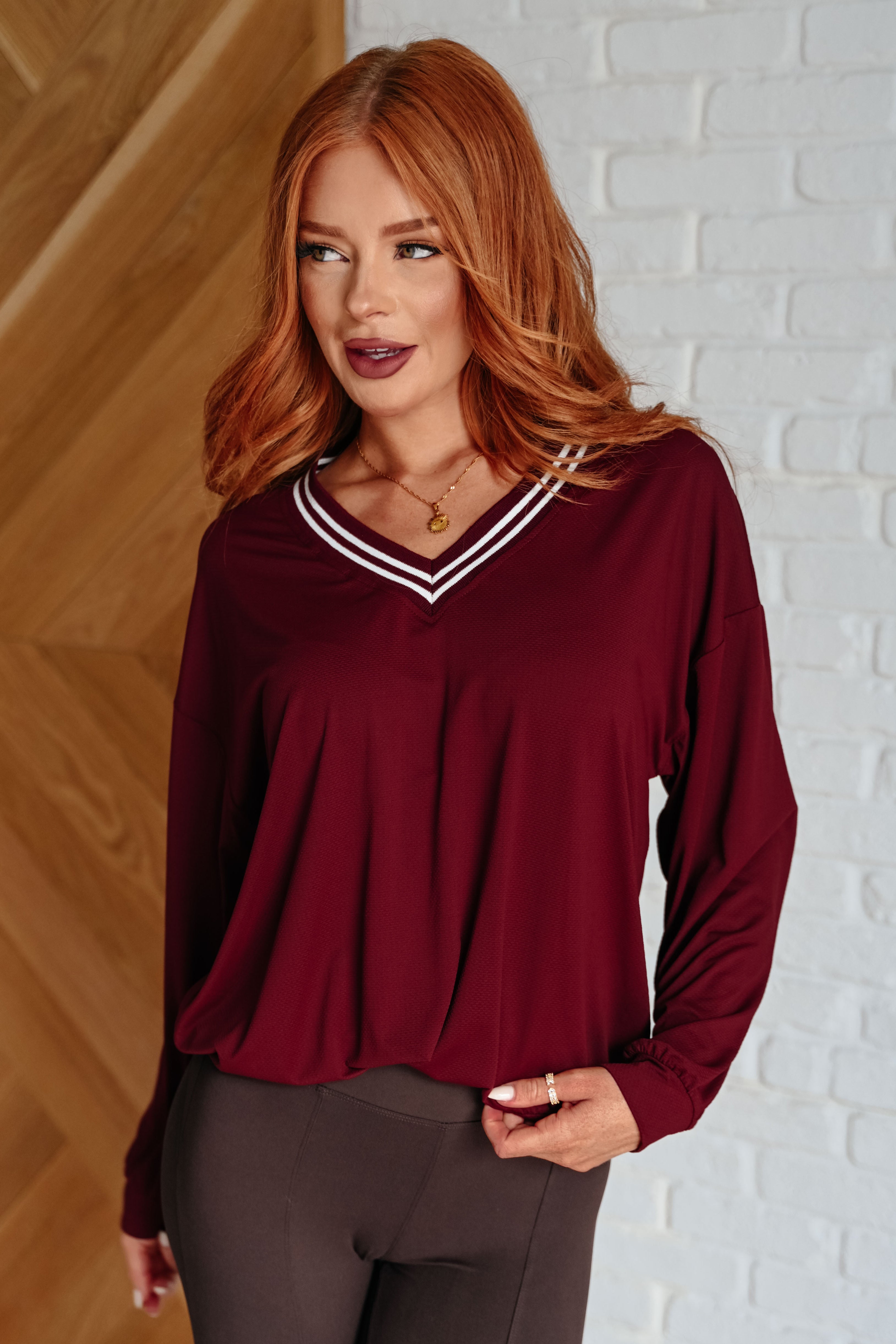 Rae Mode All Out Comfort V-Neck Pullover in Red Merlot Shirts & Tops