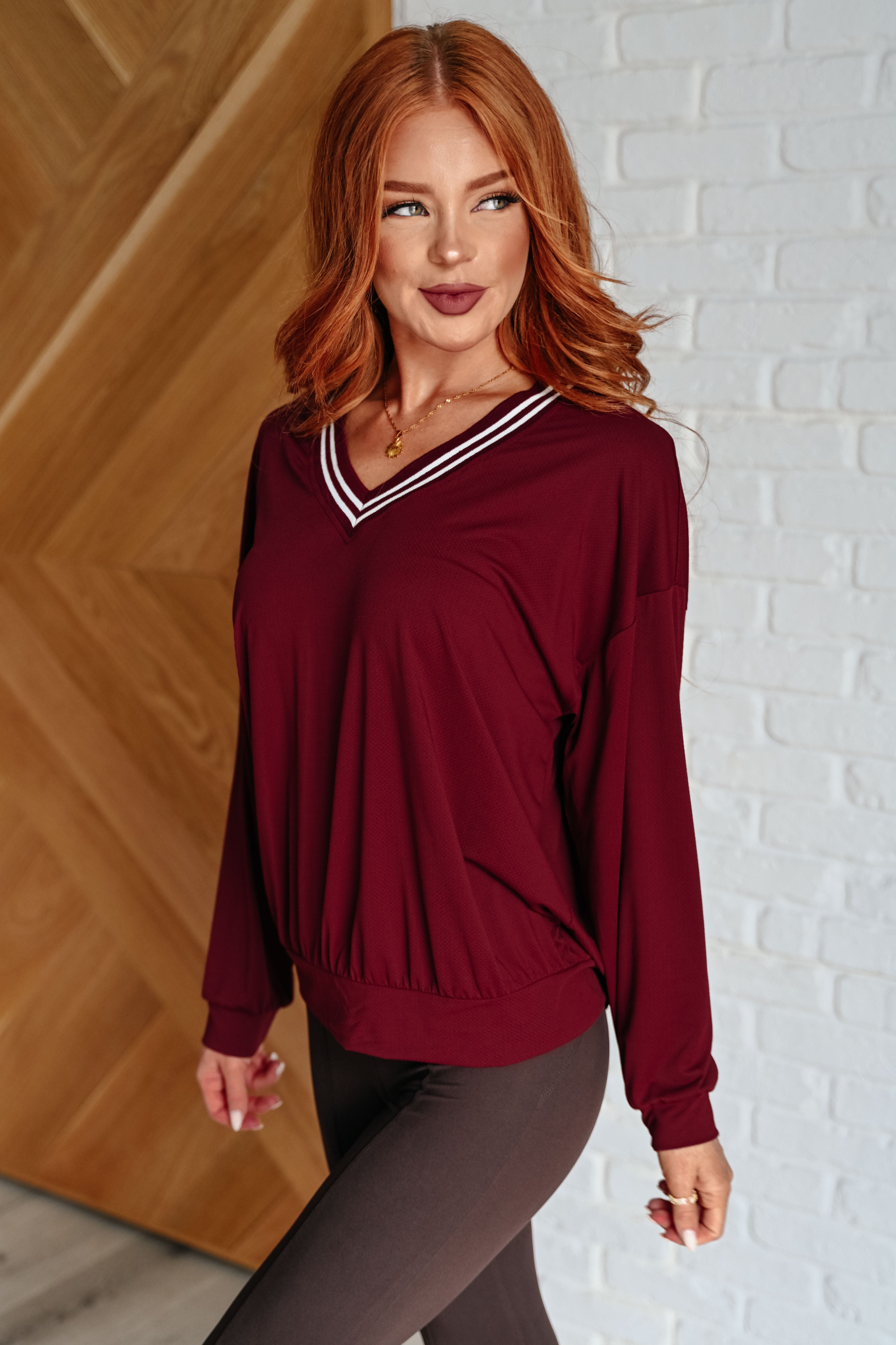 Rae Mode All Out Comfort V-Neck Pullover in Red Merlot Shirts & Tops